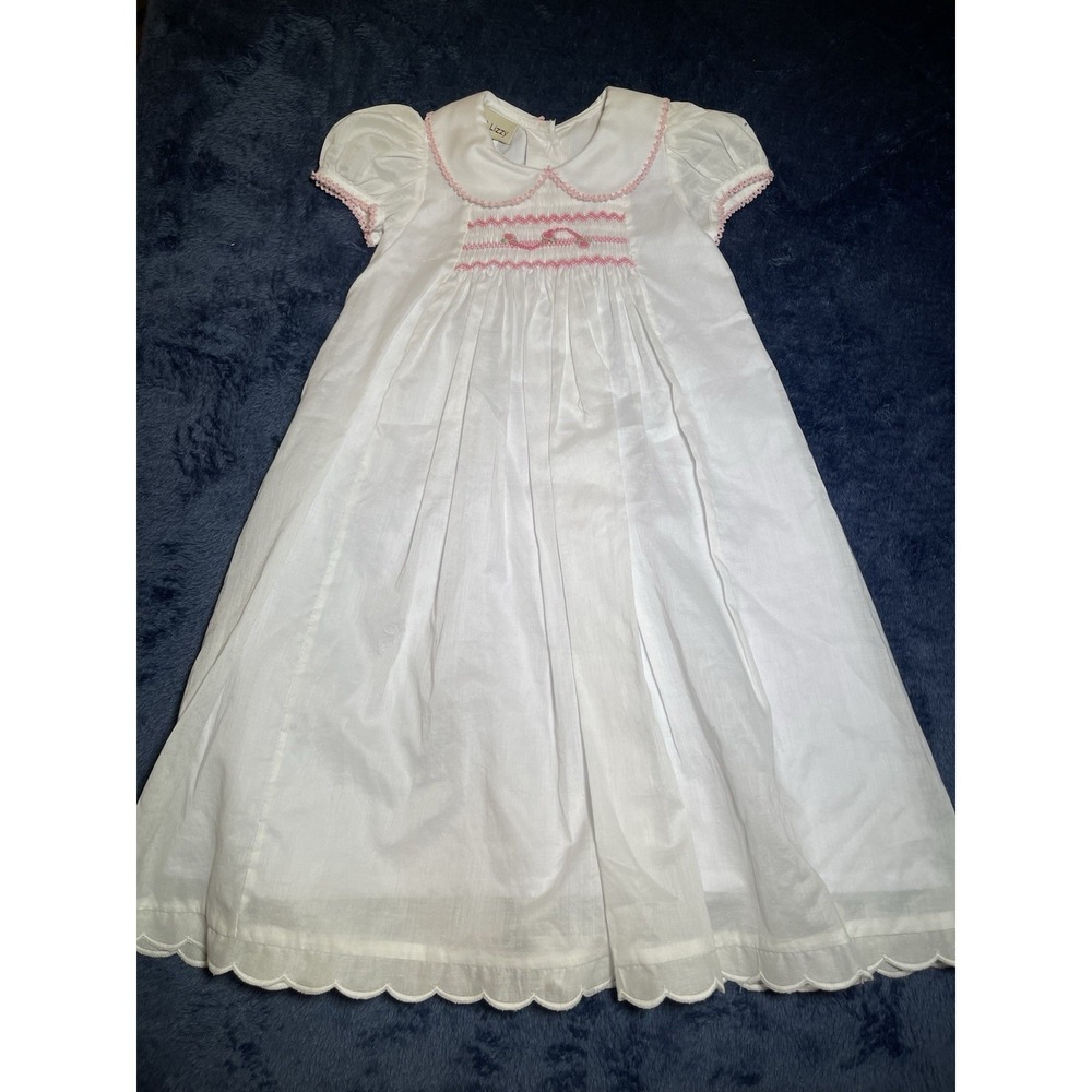 Marco & Lizzy White Newborn Collared Christening Dress w/‎ Pink Trim Embroidered